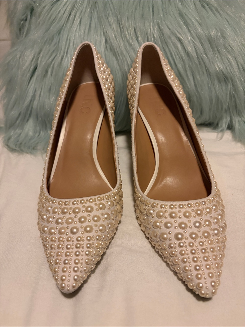 INC International Concepts Pearl-Embellished Pointed Flats - Cream